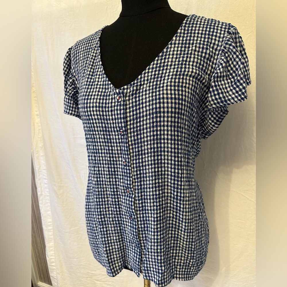 Jane & Delancey Gingham Blouse Large Blue White Check Flutter Sleeve Top NWOT